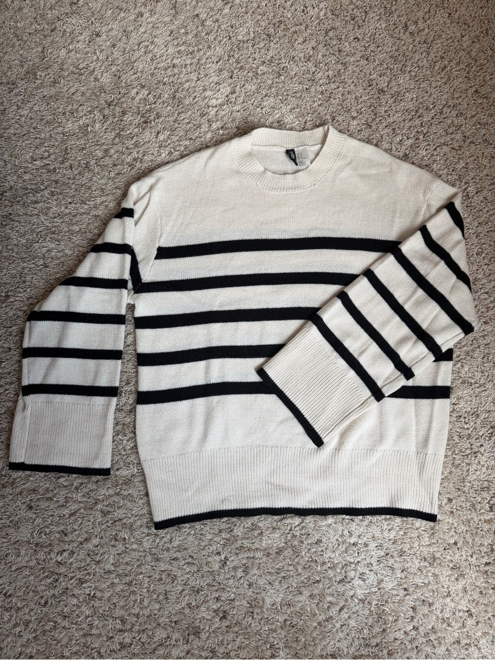 H&M Cream and Black Striped Crewneck Sweater